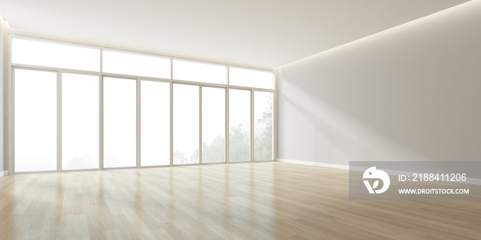 3d rendering of modern empty room with wooden floor and large window on nature background.