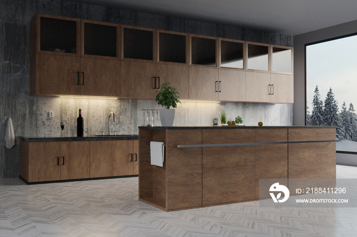 3d rendering of modern kitchen with hardwood cabinets and concrete wall