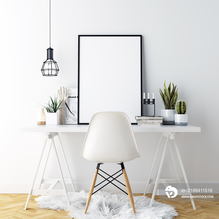 Poster Frame Mockup Interior Workspace with Decorations – 3d Illustration, 3d Rendering