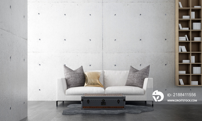 Minimal living room interior mock up, white sofa on empty concrete wall background, Scandinavian sty