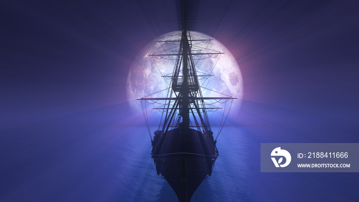 old ship in sea full moon illustration