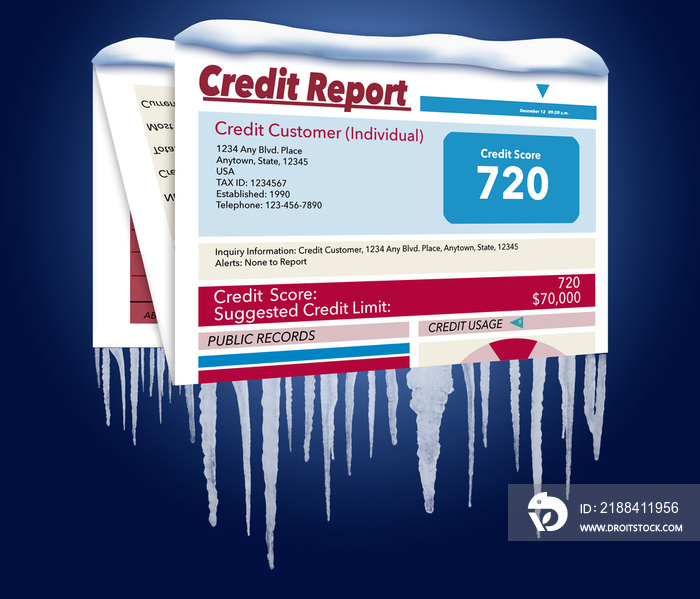 An icy, snow covered credit report in a snowstorm illustrates the idea of freezing your credit repor