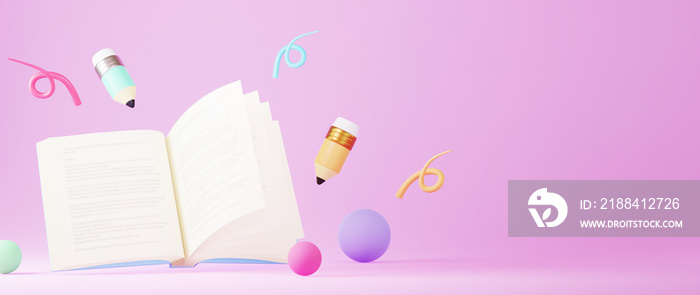 Education concept. 3d of book and pencils on pink background. Modern flat design isometric concept o