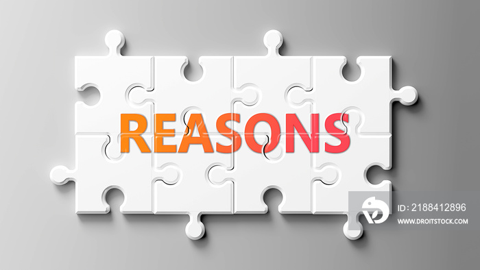 Reasons complex like a puzzle - pictured as word Reasons on a puzzle pieces to show that Reasons can