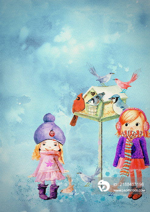 Winter birds. Watercolor for children