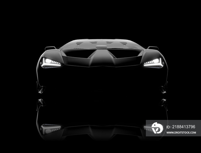深色背景下普通无品牌现代黑色汽车的前视图