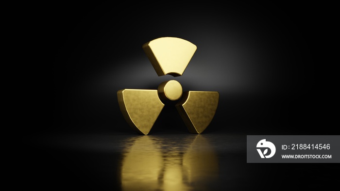 gold metal symbol of radiation 3D rendering with blurry reflection on floor with dark background