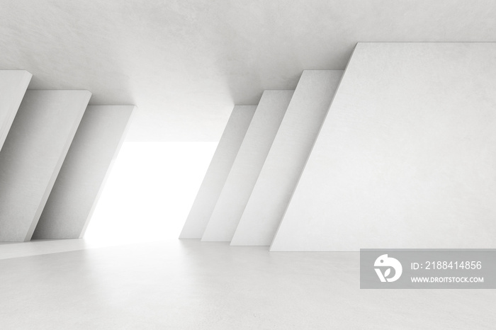 白色背景下大型结构的空混凝土房间的三维渲染图。