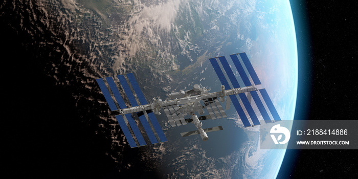 国际空间站在地球前方的三维渲染图