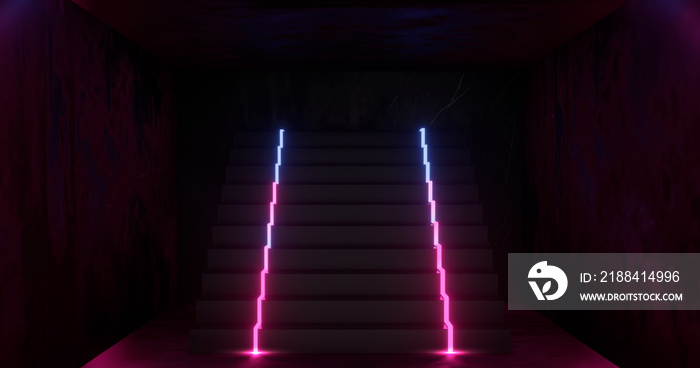 3d渲染，抽象霓虹灯背景，粉蓝色发光，暗室中的楼梯