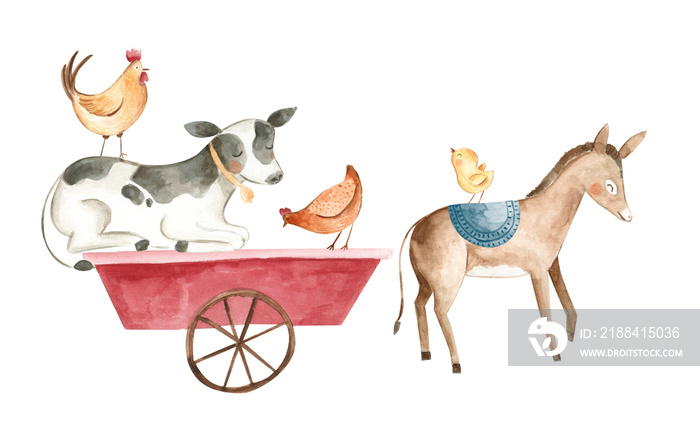 Watercolor animals Farm illustration donkey cow chicken