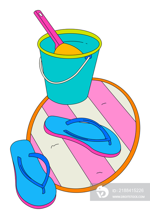 Blue bucket bath (pail and dipper), pink/ cream stripey oval rug and blue tsinelas (flip-flops)