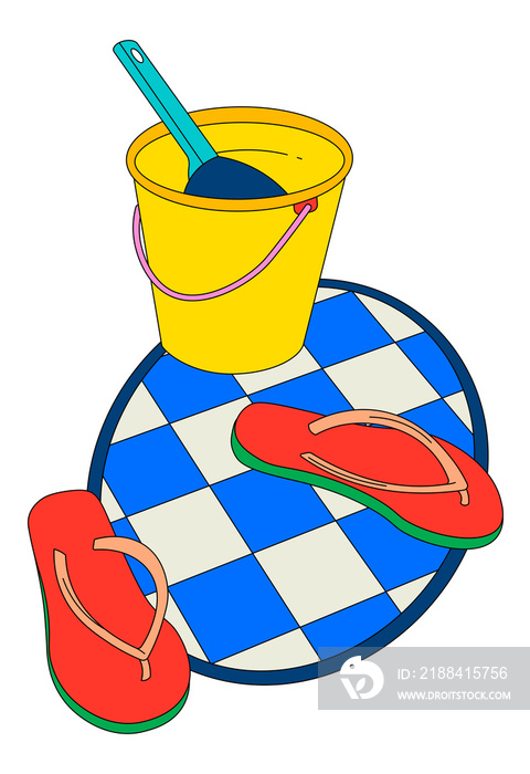 Yellow bucket bath (pail and dipper), blue checkered oval rug and red tsinelas (flip-flops)