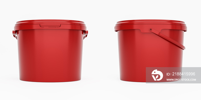 Red 3,5l plastic paint can / bucket / container with handle and no label, isolated on white backgrou