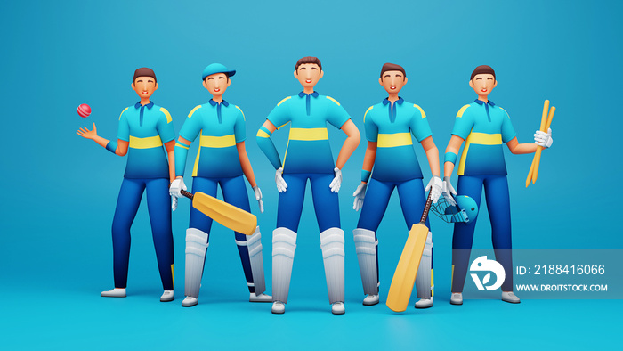 3D Render Of Sri Lanka Cricket Player Team With Tournament Equipment On Blue Background.