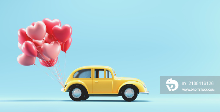 Heart balloons tied to toy car. Valentines day and love