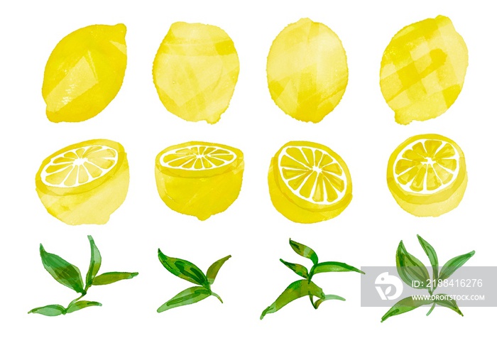 水彩画。水彩画のレモンイラスト。水彩タッチのレモンとレモンの葉っぱのセット。Watercolor painting. Watercolor lemon illustration. Set of lem