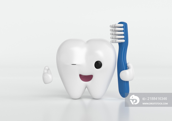 Modelo dental 3D de diente sano y feliz, cepillado dental, salud e higiene dental.