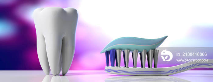 Dental care. Tooth paste on a toothbrush and a tooth model, purple white background, banner. 3d illu