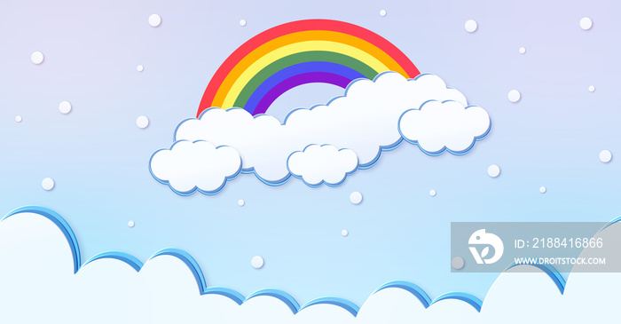 节日图案抽象kawaii云朵卡通，彩虹蓝天，雪背景。概念fo