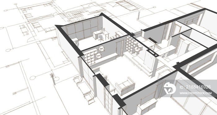 房屋建筑草图三维插图