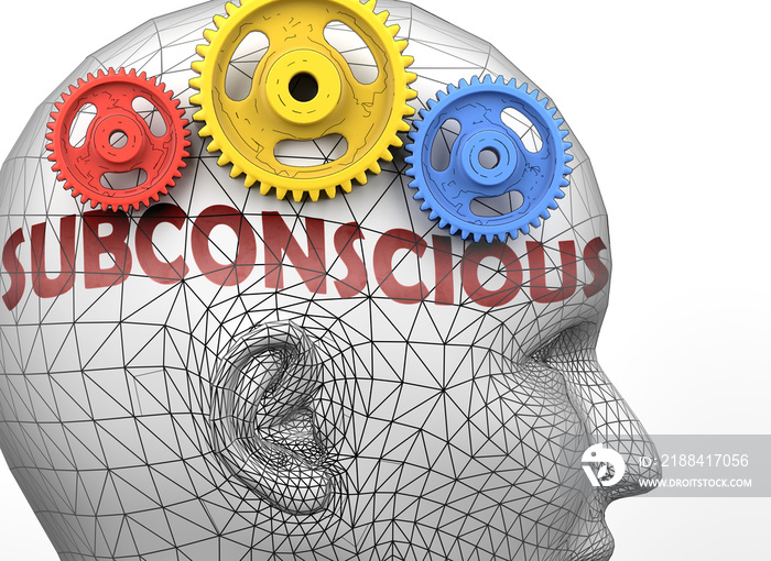 Subconscious and human mind - pictured as word Subconscious inside a head to symbolize relation betw