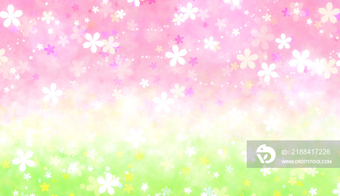 桜の花の背景画像、ピンクと新緑のイメージ