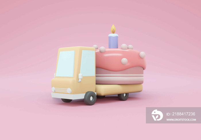 出生日蛋糕配送服务的粉彩主题概念中，一辆装有大蛋糕的卡车的3D渲染图。3D