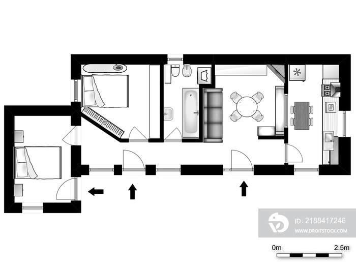 2d floor plan. Black&white floor plan.