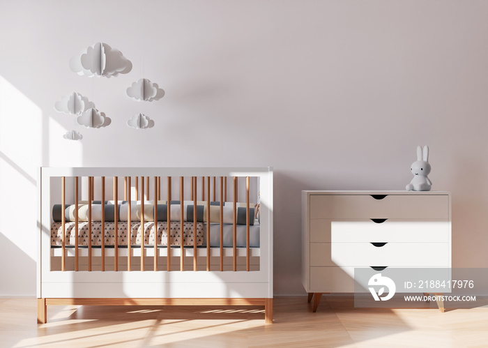 Empty white wall in modern child room. Mock up interior in contemporary style. Free space, copy spac