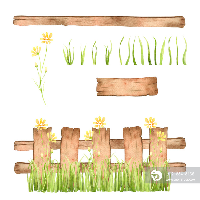 带草和黄色花朵的木栅栏，带有独立部分的水彩插图。