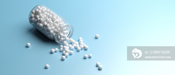 Glass container and homeopathic pills on blue background. 3d illustration