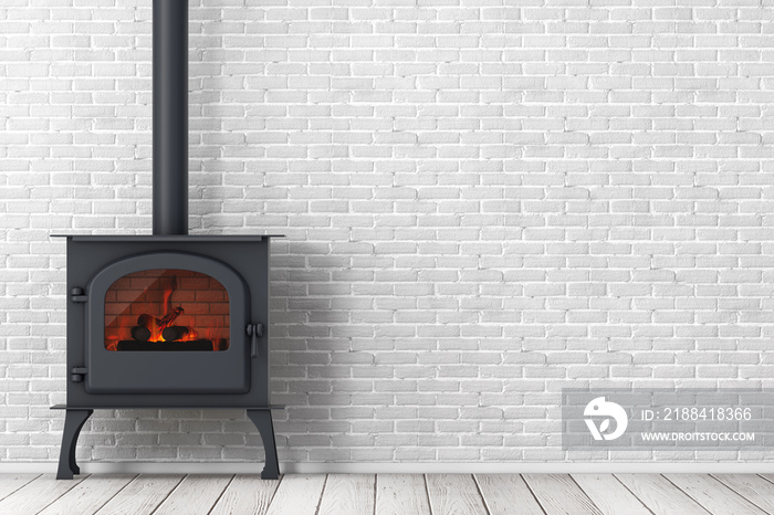 Classic Оpen Home Fireplace Stove with Chimney Pipe and Firewood Burning in Red Hot Flame. 3d Render