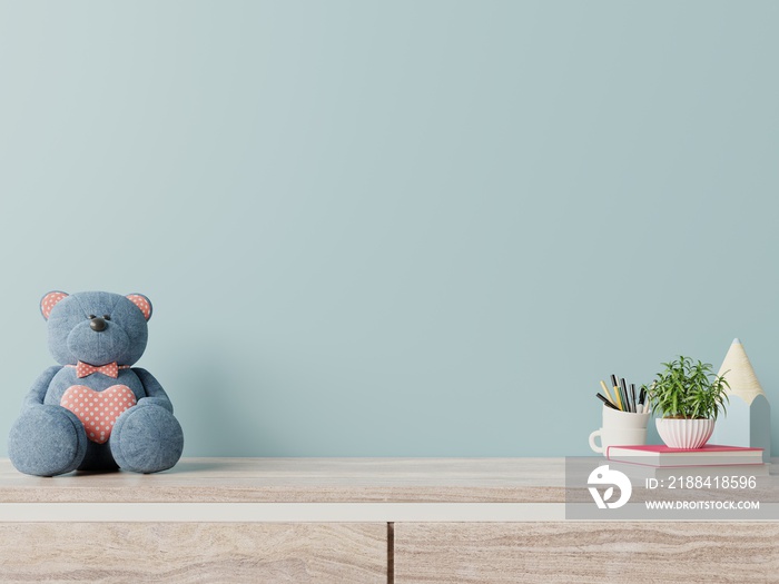 Mock up blue wall in child room interior white bear,plants on wooden floor.