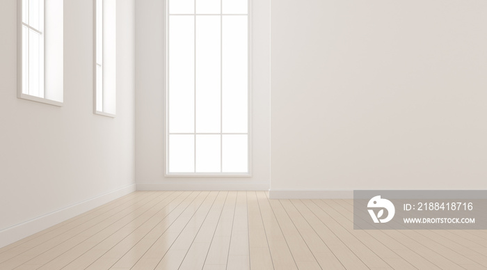 Mock-up of white empty room and wood laminate floor with sun light cast the shadow on the wall,Persp