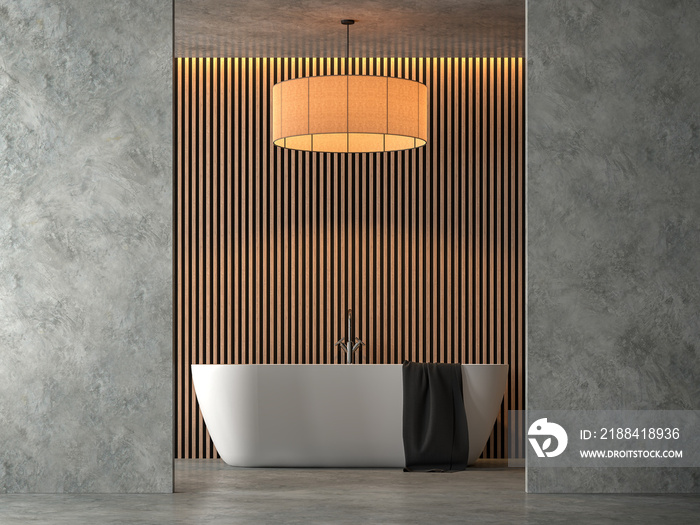 阁楼式浴室，带抛光混凝土3d渲染。装饰墙，木格子和大布料