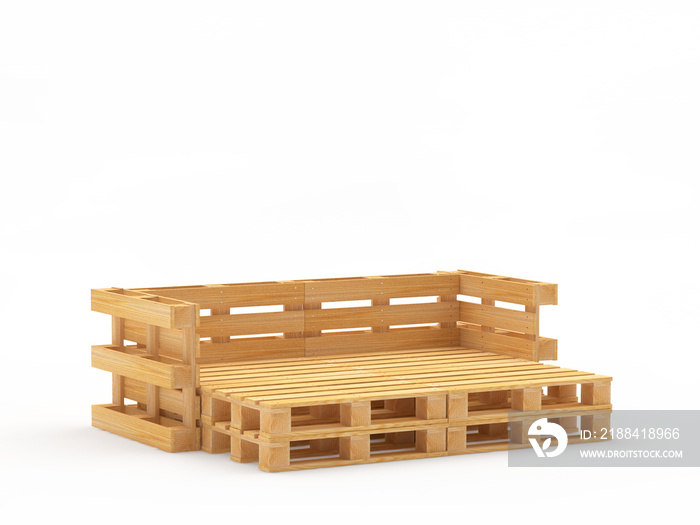 木制托盘家具。白色背景上隔离的空托盘椅。3D插图。