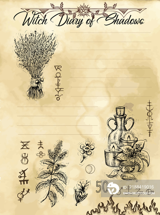 Witch diary page 1 of 31 with magic herbs and potions. Magic wiccan old book with occult illustratio