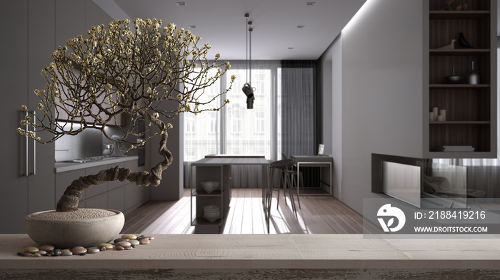 Zen interior with potted bamboo plant, natural interior design concept, modern luxury white and wood