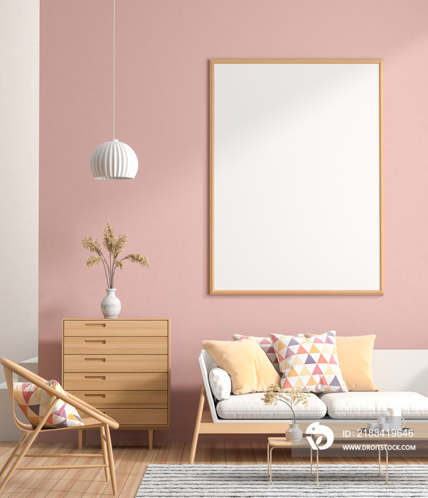 Mock up poster frame in Scandinavian style interior with wooden furnitures. Minimalist interior desi