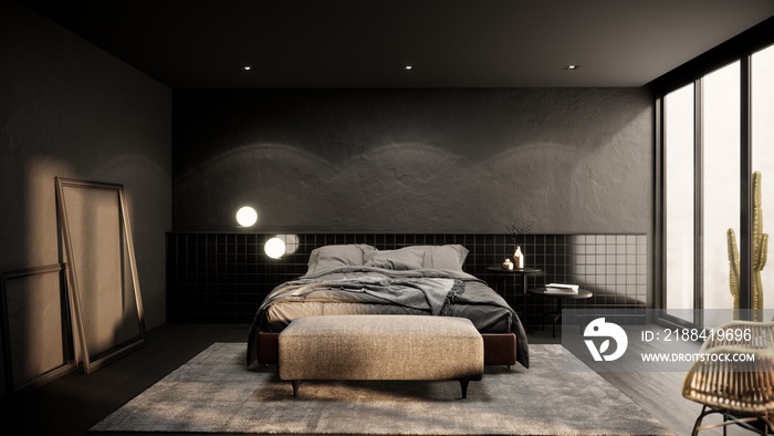 现代卧室内部，黑色瓷砖墙，灰色混凝土墙，床上用品，家具和窗户。腾空