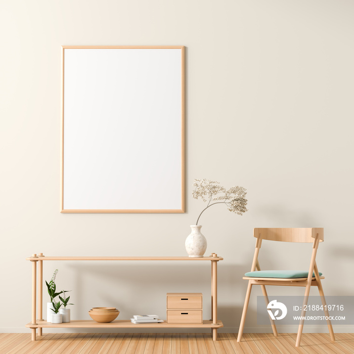 Mock up poster frame in scandinavian style interior with wooden furnitures. Minimalist interior desi