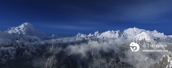 山景、云中雪峰、横幅、3D渲染