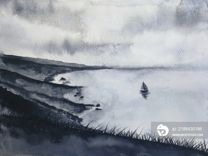watercolor ink landscape fishing sail boat and island with cliff mountains fog. traditional oriental