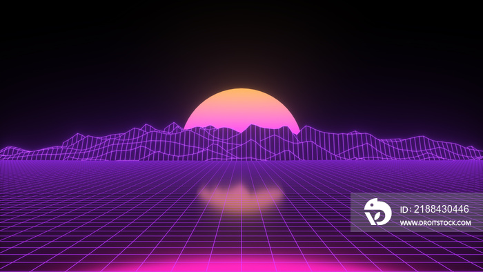 Retro background futuristic landscape 1980s style. 3D rendering Digital retro neon landscape cyber b