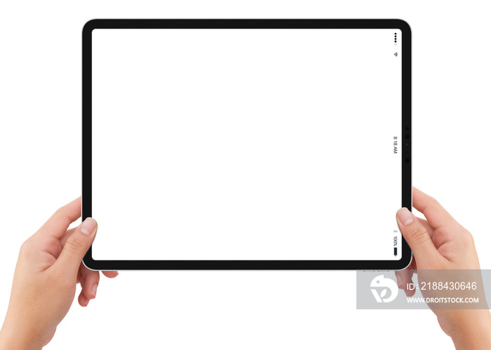 Isolated human left hand holding white tablet computer