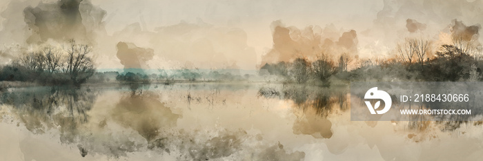 Watercolor painting of Stunning tranquil landscape panorama of lake in mist