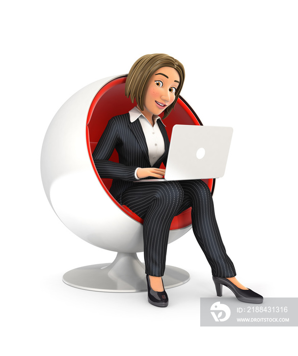 坐在圆椅子上使用笔记本电脑的3d商务女性