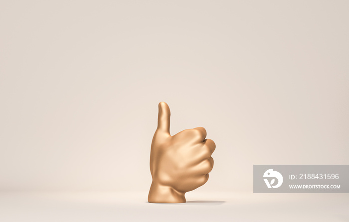 白色手拇指向上的3d渲染，类似手势，金色男性人体模型手被隔离在白色背上