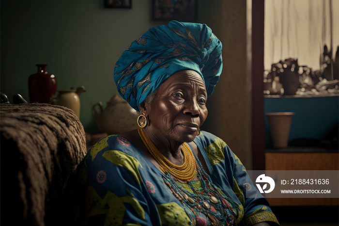 Generative AI. A posing senior Nigerian mother in a room.